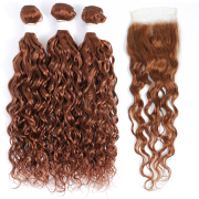#30 Medium Auburn Water Wave Pure Colored Hair Bundles With Lace Closure 4X4 JCXT-44