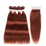 #33 Dark Auburn Straight Pure Colored Hair Bundles With Lace Closure 4X4 JCXT-271