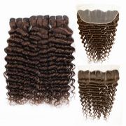 #4 Medium Brown Deep Wave Pure Colored Hair Weaves With Lace Frontal 13X4 JCXT-67