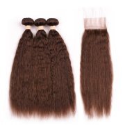 #4 Medium Brown Kinky Straight Pure Colored Hair Bundles With Lace Closure 4X4 JCXT-232