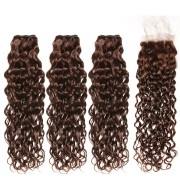 #4 Medium Brown Water Wave Pure Colored Hair Bundles With Lace Closure 4X4 JCXT-43
