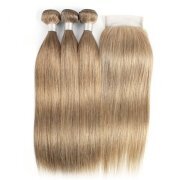 #8 Ash Brown Straight Pure Colored Hair Bundles With Lace Closure 4X4 JCXT-234