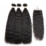 Kinky Straight Natural Black Hair Bundles With Lace Closure 4X4 JCXT-181