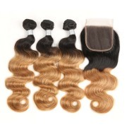 #T 1B/27 Honey Blonde Body Wave Ombre Colored Hair Bundles With Lace Closure 4X4 JCXT-05