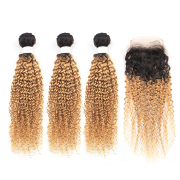 #T 1B/27 Honey Blonde Kinky Curly Ombre Colored Hair Bundles With Lace Closure 4X4 JCXT-303