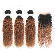 #T 1B/30 Medium Auburn Kinky Curly Ombre Colored Hair Bundles With Lace Closure 4X4 JCXT-305