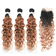 #T 1B/30 Medium Auburn Water Wave Ombre Colored Hair Bundles With Lace Closure 4X4 JCXT-306
