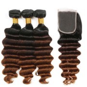 #T 1B/4/30 Loose Deep Wave Ombre Colored Hair Bundles With Lace Closure 4X4 JCXT-260