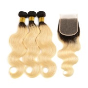 Body Wave T 1B/613 Blonde Hair Bundles With Lace Closure 4x4 JCXT-124