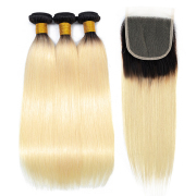 Straight T 1B/613 Blonde Hair Bundles With Lace Closure 4x4 JCXT-125