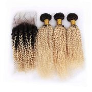 Kinky Curly T 1B/613 Blonde Hair Bundles With Lace Closure 4x4 JCXT-246