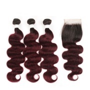 #T 1B/99J Dark Wine Body Wave Ombre Colored Hair Bundles With Lace Closure 4X4 JCXT-07