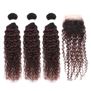 #T 1B/99J Dark Wine Kinky Curly Ombre Colored Hair Bundles With Lace Closure 4X4 JCXT-294