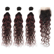 #T 1B/99J Dark Wine Water Wave Ombre Colored Hair Bundles With Lace Closure 4X4 JCXT-295