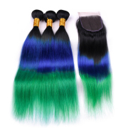 #T 1B/Blue/Green Straight Ombre Colored Hair Bundles With Lace Closure 4X4 JCXT-104