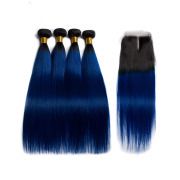 #T 1B/Dark Blue Straight Ombre Colored Hair Bundles With Lace Closure 4X4 JCXT-138