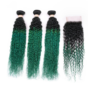 #T 1B/Dark Green Kinky Curly Ombre Colored Hair Bundles With Lace Closure 4X4 JCXT-62