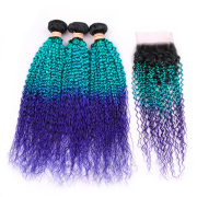 #T 1B/Light Blue/Blue Kinky Curly Ombre Colored Hair Bundles With Lace Closure 4X4 JCXT-89