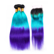 #T 1B/Light Blue/Blue Straight Ombre Colored Hair Bundles With Lace Closure 4X4 JCXT-51
