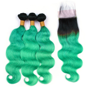 #T 1B/Light Green Body Wave Ombre Colored Hair Bundles With Lace Closure 4X4 JCXT-174