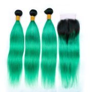#T 1B/Light Green Straight Ombre Colored Hair Bundles With Lace Closure 4X4 JCXT-275