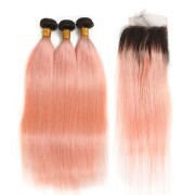 #T 1B/Light Pink Straight Ombre Colored Hair Bundles With Lace Closure 4X4 JCXT-47