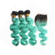 #T 1B/Mint Green Body Wave Ombre Colored Hair Bundles With Lace Closure 4X4 JCXT-328