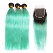 #T 1B/Mint Green Straight Ombre Colored Hair Bundles With Lace Closure 4X4 JCXT-50