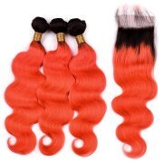 #T 1B/Orange Red Body Wave Ombre Colored Hair Bundles With Lace Closure 4X4 JCXT-266