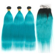 #T 1B/Peacock Blue Straight Ombre Colored Hair Bundles With Lace Closure 4X4 JCXT-48