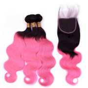 #T 1B/Pink Body Wave Ombre Colored Hair Bundles With Lace Closure 4X4 JCXT-152