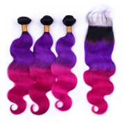 #T 1B/Purple/Rose Red Body Wave Ombre Colored Hair Bundles With Lace Closure 4X4 JCXT-107
