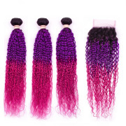#T 1B/Purple/Rose Red Kinky Curly Ombre Colored Hair Bundles With Lace Closure 4X4 JCXT-65