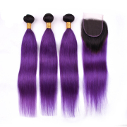 #T 1B/Purple Straight Ombre Colored Hair Bundles With Lace Closure 4X4 JCXT-84