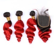 #T 1B/Red Loose Wave Ombre Colored Hair Bundles With Lace Closure 4X4 JCXT-329