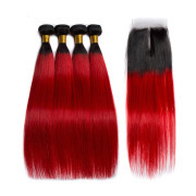 #T 1B/Dark Red Straight Ombre Colored Hair Bundles With Lace Closure 4X4 JCXT-446