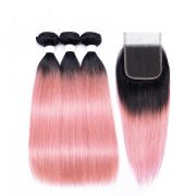 #T 1B/Pink Straight Ombre Colored Hair Bundles With Lace Closure 4X4 JCXT-213