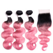 #T 1B/Rose Pink Body Wave Ombre Colored Hair Bundles With Lace Closure 4X4 JCXT-178