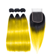 #T 1B/Yellow Straight Ombre Colored Hair Bundles With Lace Closure 4X4 JCXT-145