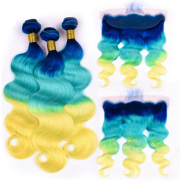 Blue/Light Blue/Yellow Body Wave Ombre Colored Hair Weaves With Lace Frontal 13X4 JCXT-99