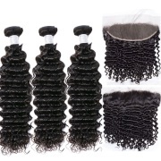 Deep Wave Natural Black Hair Weft With Lace Frontal Closure 13X4 JCXT-291
