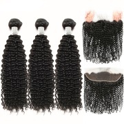 Kinky Curly Natural Black Hair Weft With Lace Frontal Closure 13X4 JCXT-126