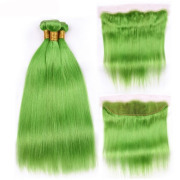 Grass Green Straight Pure Colored Hair Weaves With Lace Frontal 13X4 JCXT-35