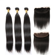 Straight Natural Black Hair Weft With Lace Frontal Closure 13X4 JCXT-289