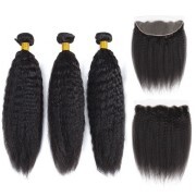 Kinky Straight Natural Black Hair Weft With Lace Frontal Closure 13X4 JCXT-127