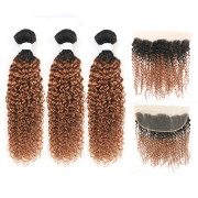 #T 1B/30 Medium Auburn Kinky Curly Ombre Colored Hair Weaves With Lace Frontal 13X4 JCXT-299