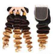 #T 1B/4/27 Loose Deep Wave Ombre Colored Hair Bundles With Lace Closure 4X4 JCXT-318