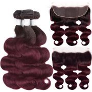 #T 1B/99J Dark Wine Body Wave Ombre Colored Hair Weaves With Lace Frontal 13X4 JCXT-205