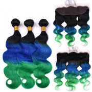 #T 1B/Blue/Green Body Wave Ombre Colored Hair Weaves With Lace Frontal 13X4 JCXT-120