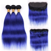 #T 1B/Blue Straight Ombre Colored Hair Weaves With Lace Frontal 13X4 JCXT-23